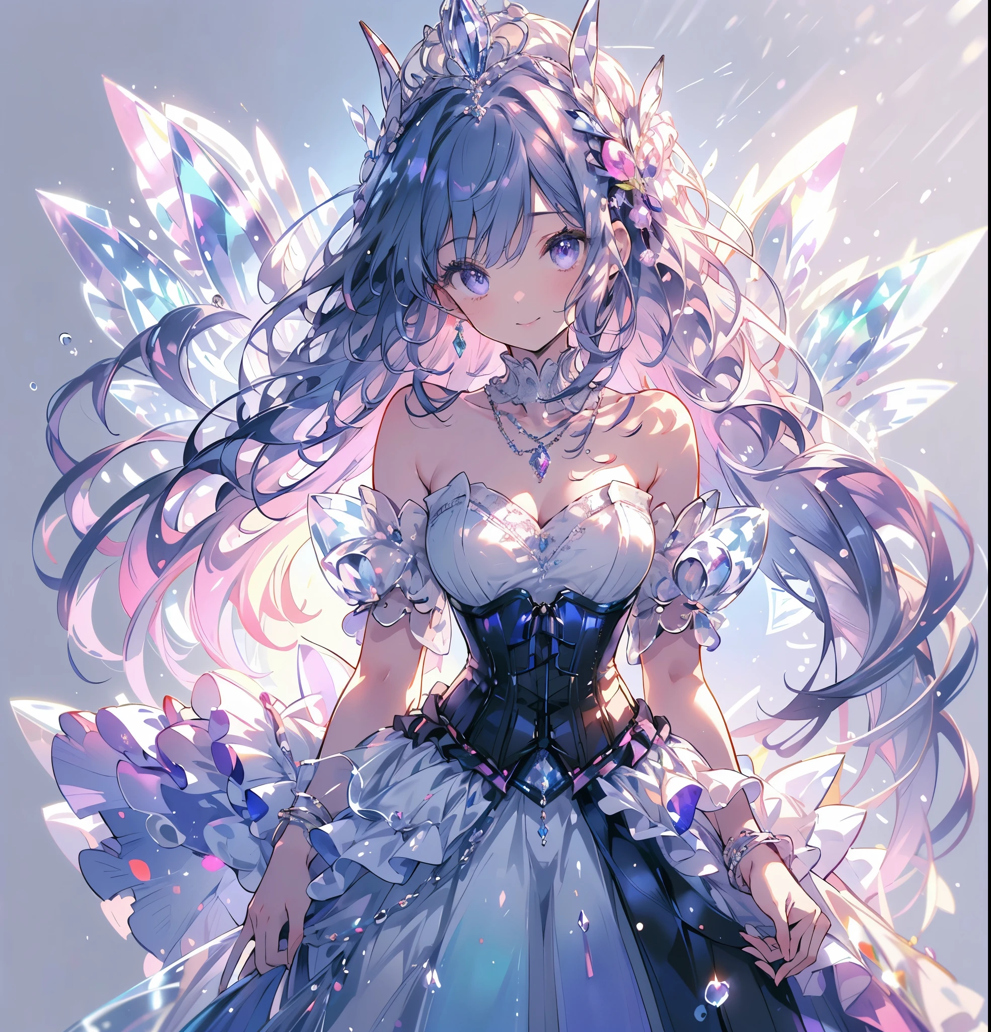 (Exquisite, beautiful, Very detailed, masterpiece, high quality,High resolution),(A full-body illustration of a cutely designed in a beautiful accessory and dress with a deep blue color rich in blue to purple pleochroic richness, Painted with software, A beautiful girl with translucent  is wearing a long princess-line dress with a bright purple draped peplum on the bottom of the corset, Adorned with ribbon and tanzanite, Long white panniers underneath, Tanzanite in the corset., Tanzanite tiara, Dress shoes, Necklaces and rings,cute, A magical princess dress inspired by tanzanite,(White Background:1.7),smile,Facing forward、The body is facing forward.