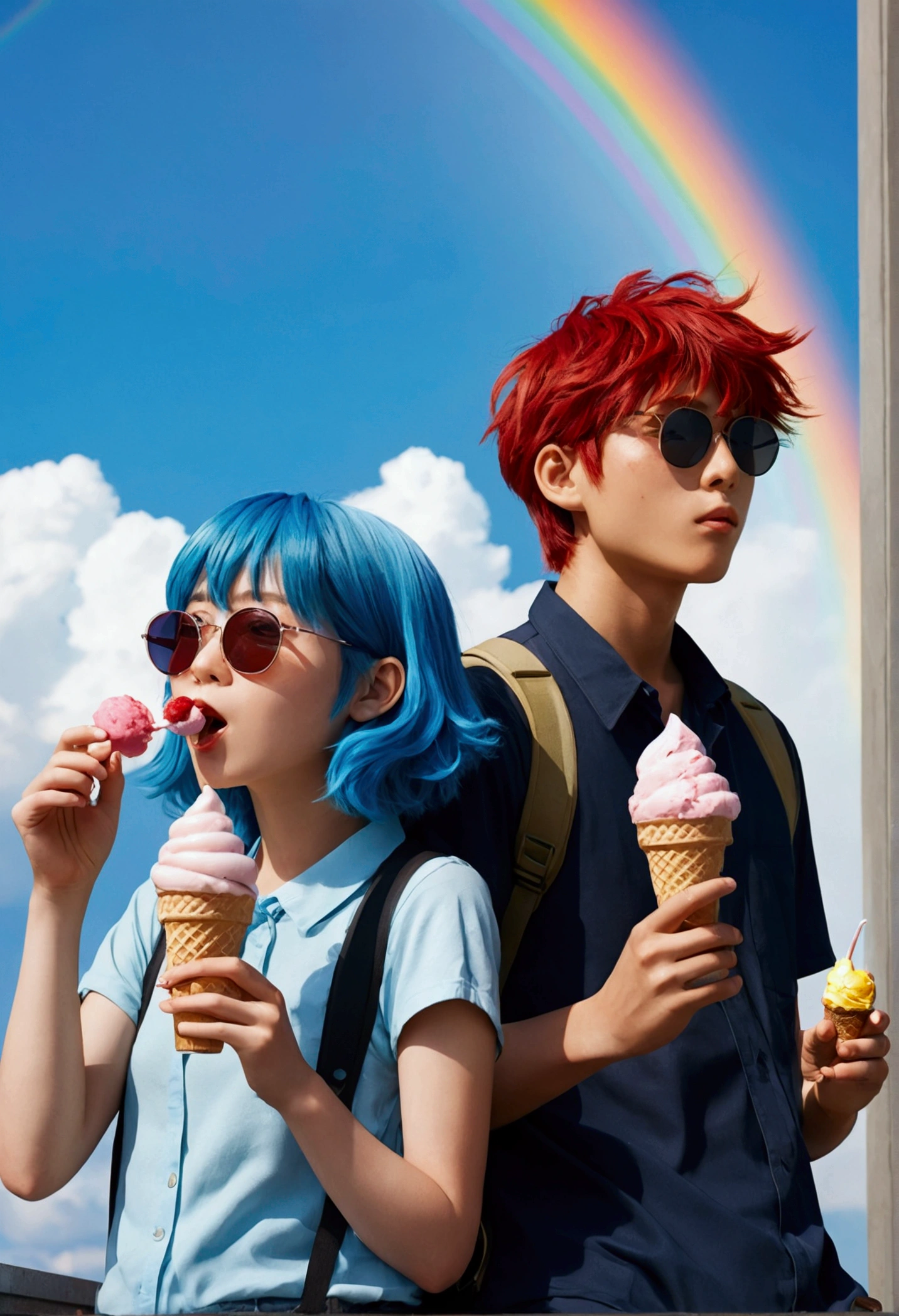 generate an anime, landscape style image of Akira, the blue hair, studious boy, wearing sunglasses hanging out with a red haired girl eating ice cream. a rainbow can be seen in the background