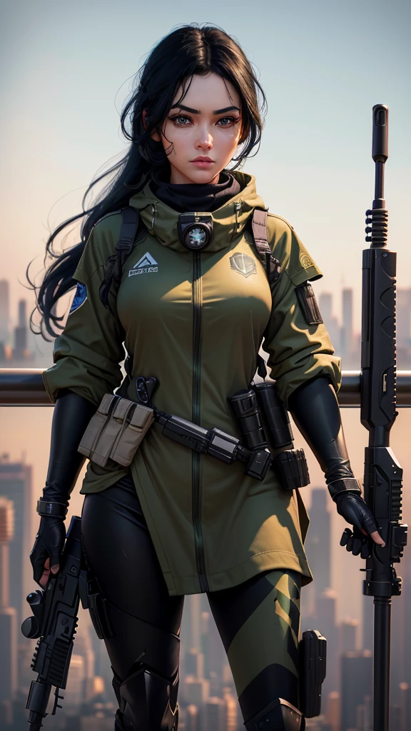 Create a hyper-realistic and ultra-realistic 3D image of a beautiful woman with jet black hair, green eyes, beautiful long eyelashes, dressed as a sniper with all her ornaments., rifle weapons with telescopic sight , She has a team of personal sights in her face , his suit has to be great, latest generation communication equipment, serene and but determined attitude , cool tattoos , cool dynamic poses, observation deck of a tall building , The image must be perfectly detailed, apply HDMI technologies, 1200 ppp , full definition in 132k 