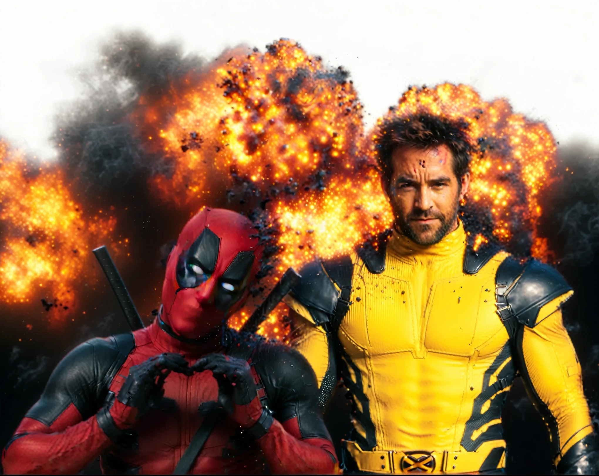 arafed image of a man in a yellow suit and a deadpool man in a black suit, ryan reynolds dead pool, textless, wearing red and yellow hero suit, deadpool, fan art, hero, wolverine ate, marvelous expression, badass composition, taron egerton as wolverine, mcu, wolverine, xmen, deadpool live action costume, ryan gosling as deadpool
