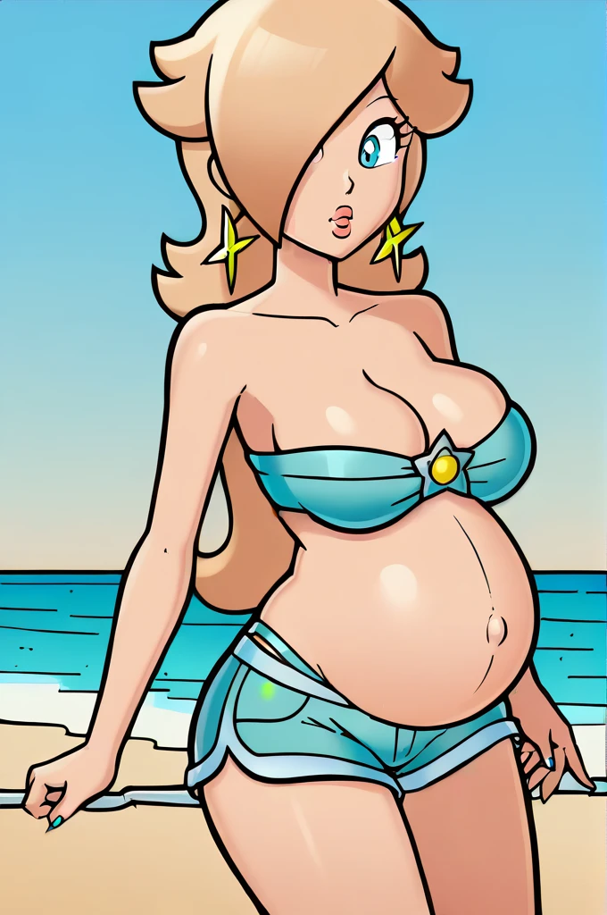 score_9, score_8_up, 1girl, solo, rosalina, style parody, thick outlines, blue bikini, shorts, pregnant belly, sleeveless, strapless, cleavage, beach