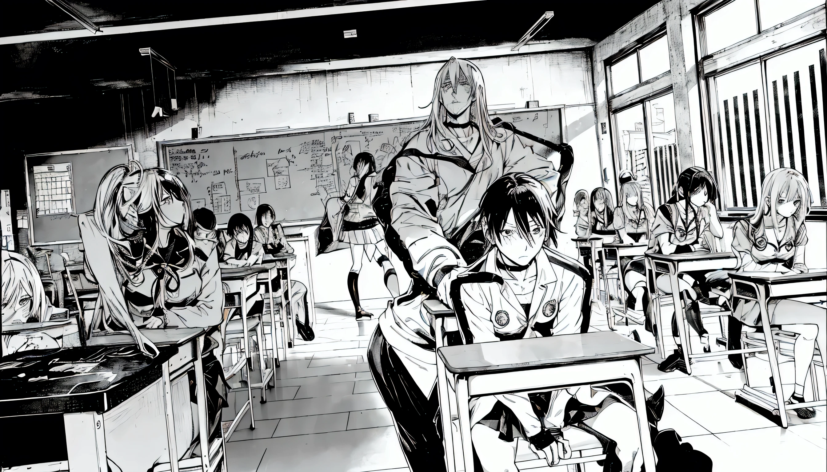 anime scene of a classroom with a teacher and students, Typical anime classroom, black and white manga panel, Inspired by Ryusei Kishida, inspired by Kawabata Ryūshi, drifters, snk, tsutomu nihei style, black and white manga page, black and white manga style, style of Hajime Isayama