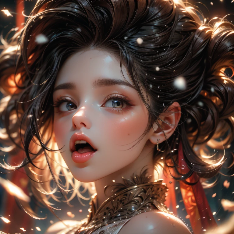 ExtremelyDetailed Kawaii girl Face,(Close-up Sweet lips), glossy lips with beautiful details, Coquettish tongue, Kissing to camera, towards the viewer, 8K TopQuality masterpiece,an extremely delicate and beautiful (ProfessionalPhoto:1.37), {Amazing|finely detail|official art|incredibly absurdres},ultra-detailed close-up shot, close up, (fish eye lens), wide lens, macro lens, Detailed reflective Eyes ElaboratePupils with (sparkling highlights:1.28) (Delicate Voluminous LongEyelashes:0.88), {(Tilted face:1.22)|Visible back of throat|saliva drips|naked shoulder}, (Dripping juice on tongue:1.23) snow particles
