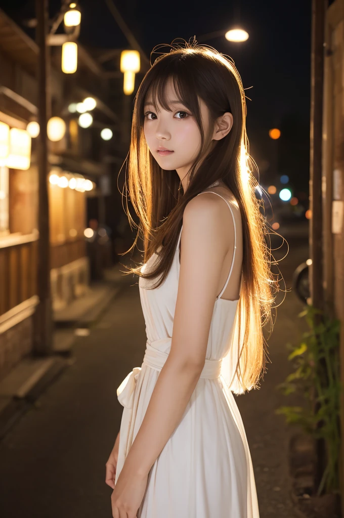 **Prompt Content**：
A beautiful Japanese girl wrapped in golden light、華麗な姿in振り返る瞬間を捉えています。The background is the stars shining in the night sky々in、A fantastic atmosphereが漂っています。

**Background features**：
In the background is a starry night sky.、Countless stars are shining around the beautiful girl.。全体が暗闇の中in、The starlight highlights the beautiful girl。

**Features of the costume**：
The beautiful girl was wearing a thin white dress.、It looks transparent when exposed to light。ドレスは肩から腰まin流れるようなデザインin、Gold accessories add a touch of glamour。

**Posing**：
She is posing looking back.、Long golden hair blowing in the wind。顔はやや横向きin、The eyes are looking at the camera。

**Photographic Techniques**：
The lighting technique used emphasizes the contrast between light and shadow.。The light on the subject&#39;s face and clothing is soft.、Skin texture and costume details are expressed in detail.。The starry lights in the background illuminate the beautiful girl.、A fantastic atmosphere