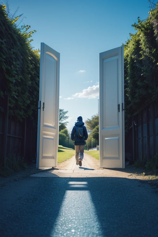 "Image of a person walking confidently along an illuminated path, with open doors along the way. Blue and sunny sky in the background. Overlaid text: 'Move forward with faith, knowing that God is in control.'"