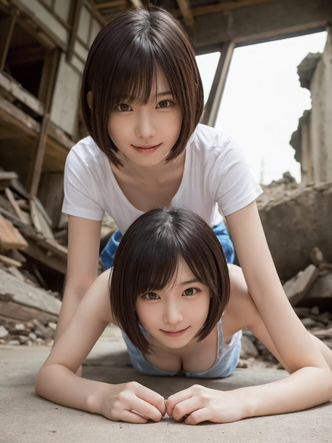 (On all fours、Stick your butt out、A pose where the person turns around from a diagonal rear angle)、Japanese beautiful girl、eyes and faces with detailed、very fine eye definition、Dilapidated Ruins Background、shirt that shows stomach、Super Micro Mini Pleated Skirt、Beautiful face、Super cute Japan person、Big Breasts、Cute 18 year old beautiful girl、smile、Bob Cut Hair、Long eyelashes、On all fours