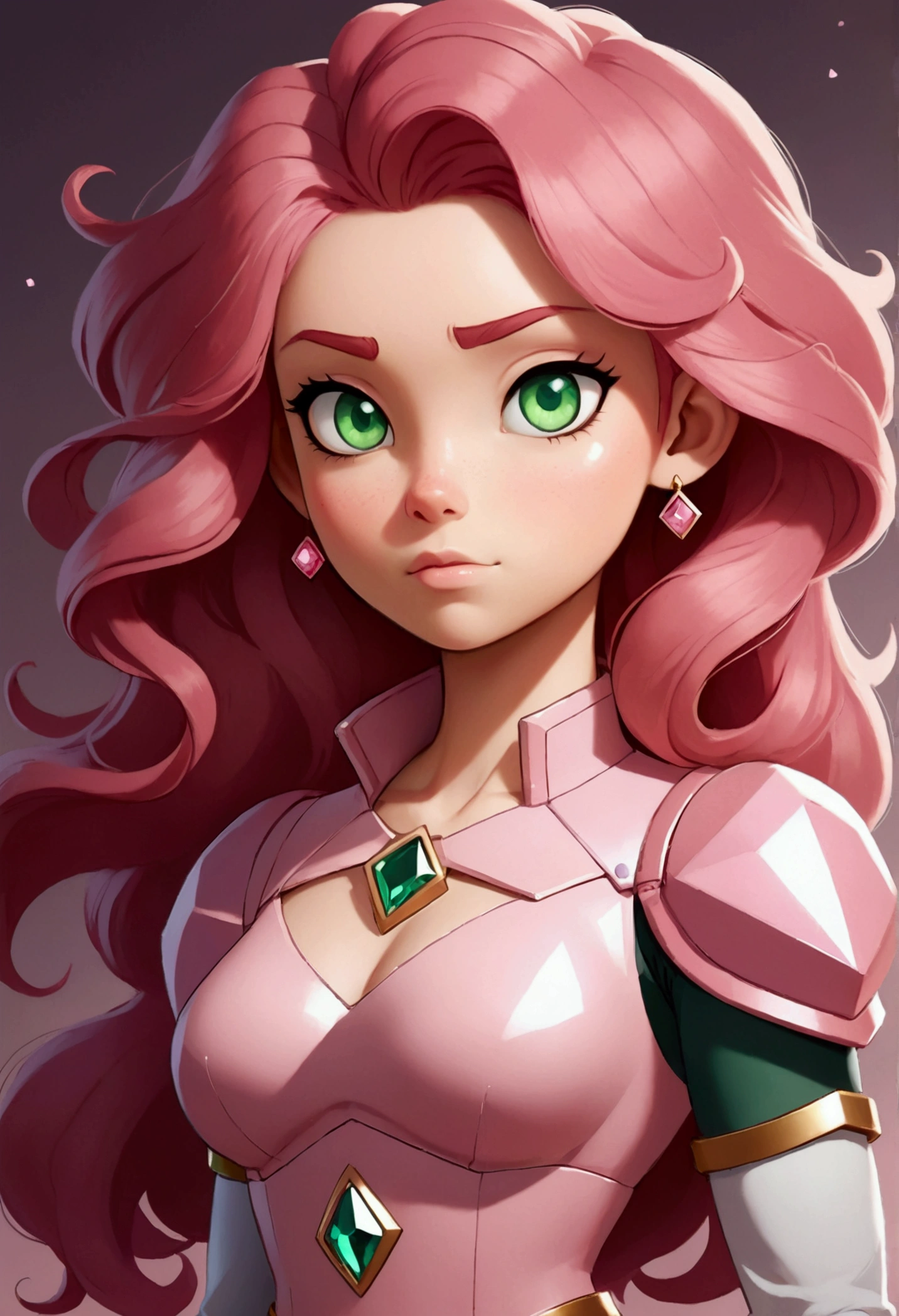 *She is a Crystal Gems but pink in color, so the mother of Steven universe the pink diamond*

*She has pink skin, pink gems were in her belly just like Steven and the pink diamond, She wore a pink combat outfit and had pink wavy hair., My iris was also pink*

*But she has a human-looking version, but even so with her gem, She has red hair, green eyes, fair skin and a light combat outfit* based on steven universe future