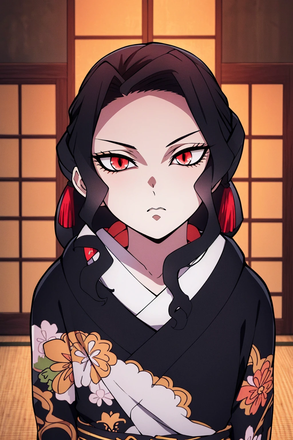 master piece, best quality, ultra high resolution, highest quality, anime style, best writing, beautiful face, handsome face, (black kimono:1.3), 1 female, beautiful face, beautiful kimono, tatami, luxurious sliding door, seiza, black hair, Beautiful makeup, upper body, red eyes, Cat pupil, annoyed, (inside a dark room:1.2),  hutless, no mercy, dinamic poses