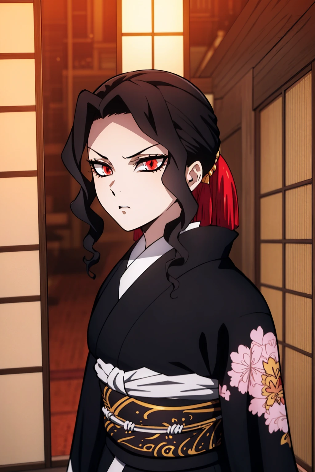 master piece, best quality, ultra high resolution, highest quality, anime style, best writing, beautiful face, handsome face, (black kimono:1.3), 1 female, beautiful face, beautiful kimono, tatami, luxurious sliding door, seiza, black hair, Beautiful makeup, upper body, red eyes, Cat pupil, annoyed, (inside a dark room:1.2),  hutless, no mercy, dinamic poses