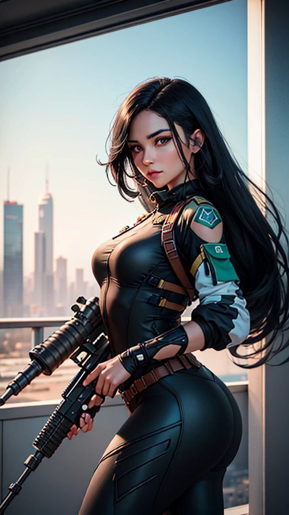 Create a hyper-realistic and ultra-realistic 3D image of a beautiful woman with jet black hair, green eyes, beautiful long eyelashes, dressed as a sniper with all her ornaments., rifle weapons with telescopic sight , She has a team of personal sights in her face , his suit has to be great, latest generation communication equipment, serene and but determined attitude , cool tattoos , cool dynamic poses, observation deck of a tall building , The image must be perfectly detailed, apply HDMI technologies, 1200 ppp , full definition in 132k