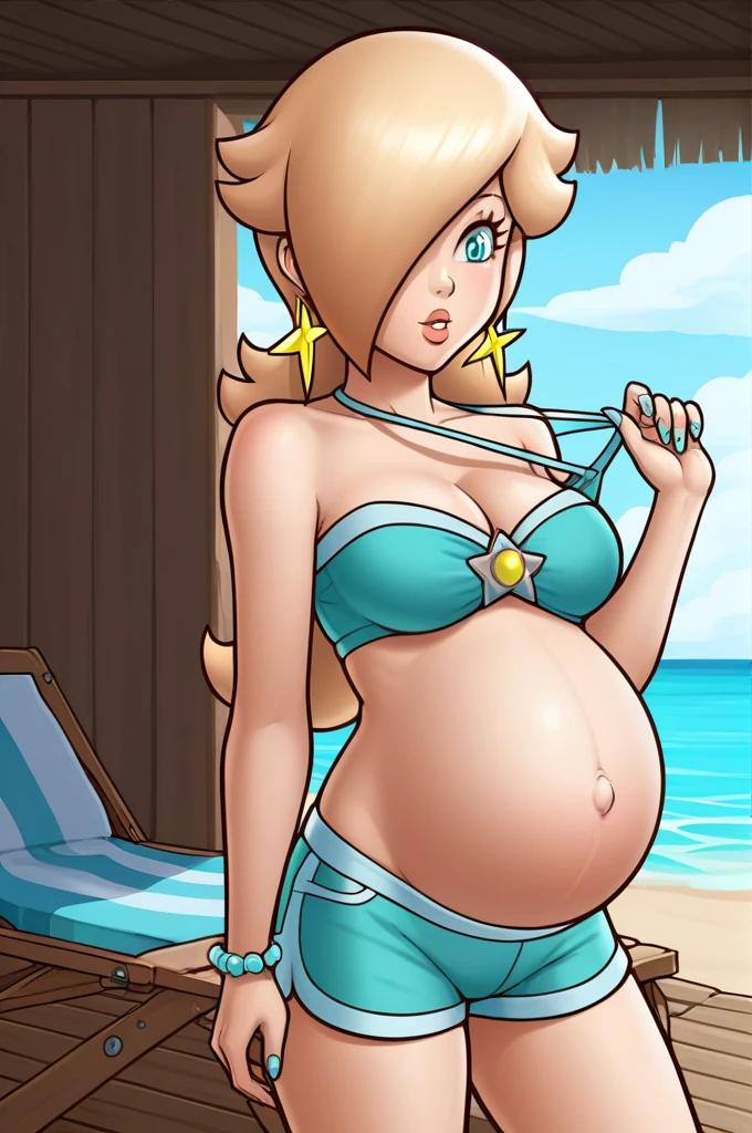 score_9, score_8_up, 1girl, solo, rosalina, style parody, thick outlines, blue bikini, shorts, pregnant belly, sleeveless, strapless, cleavage, indoors, beach,