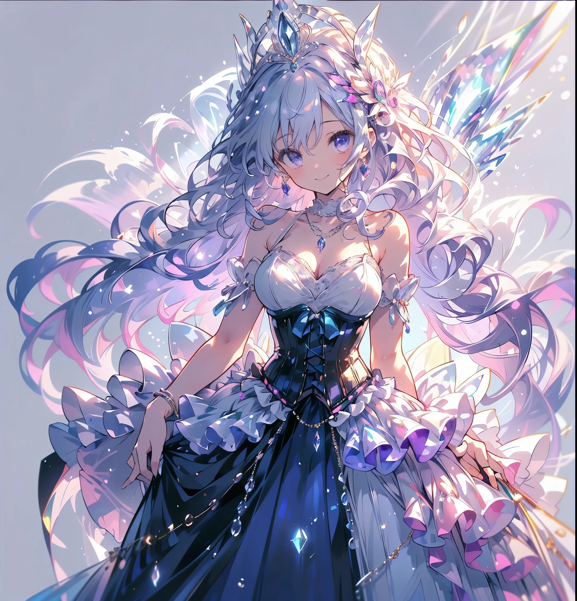 (Exquisite, beautiful, Very detailed, masterpiece, high quality,High resolution),(A full-body illustration of a cutely designed in a beautiful accessory and dress with a deep blue color rich in blue to purple pleochroic richness, Painted with software, A beautiful girl with translucent is wearing a long princess-line dress with a bright purple draped peplum on the bottom of the corset, Adorned with ribbon and tanzanite, Long white panniers underneath, Tanzanite in the corset., Tanzanite tiara, Dress shoes, Necklaces and rings,cute, A magical princess dress inspired by tanzanite,(White Background:1.7),smile,Facing forward、The body is facing forward.