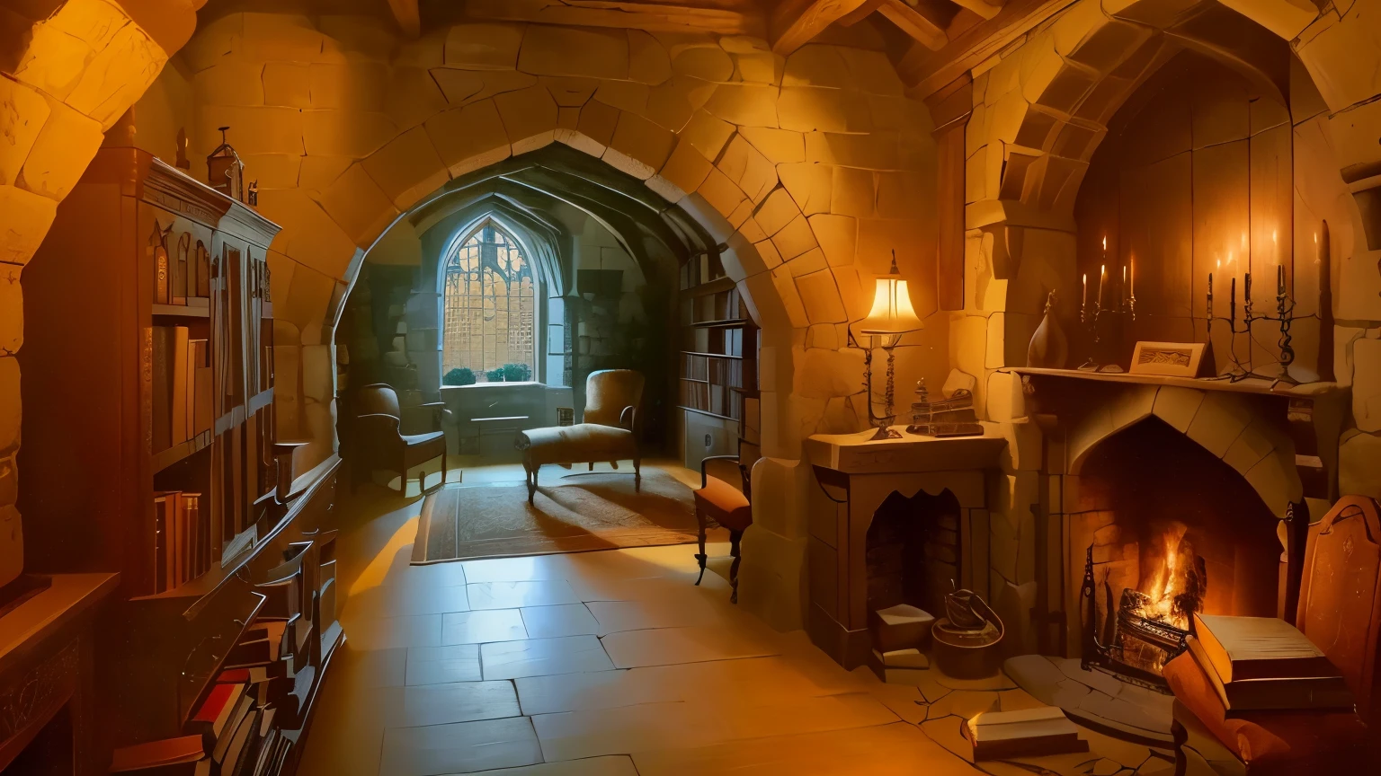 a pretty catle room full of medieval castle objects, a fireplace, book shelf, cahirs, a window in winter, fantasy castle, high resolution