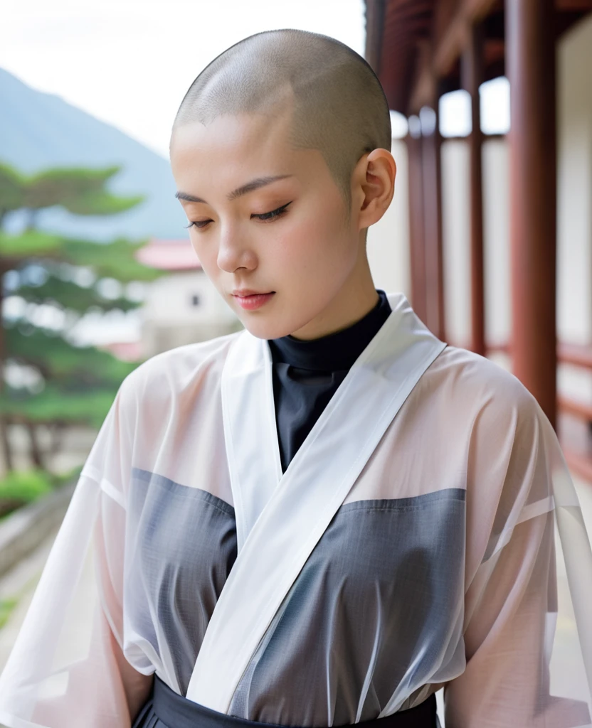 Japanese nun in a transparent robe、monastery、Shaved hair、Shaved Head