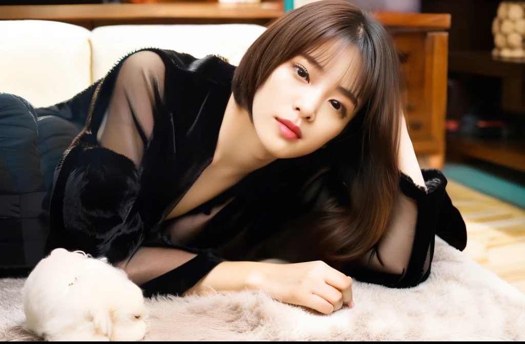 a beautiful woman, 38 years old, in an erotic house clothes, napping on the sofa, detailed face, full body wide shot, can of chuhai on the low table, with light brown poodle
