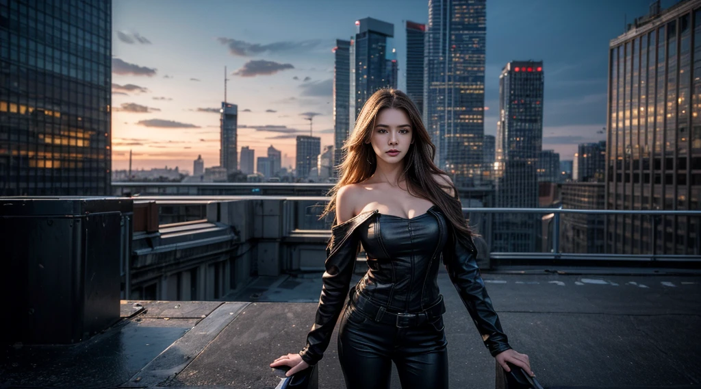 ((masterpiece, best quality, Highest image quality, high resolution, Reality, RAW photos, 8K)), Future city ruins，Girl standing on the roof，Tight leather jacket，Off-shoulder，Large Breasts，Long hair，Pretty face，Closed mouth，dramatic，Mid-range portrait，midnight