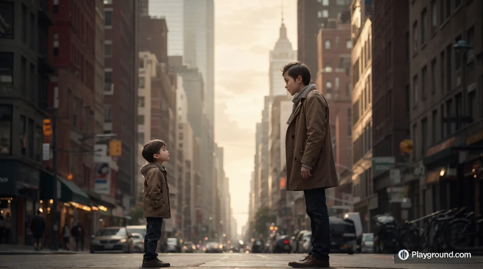 "A little boy looks at his father in the street in the city