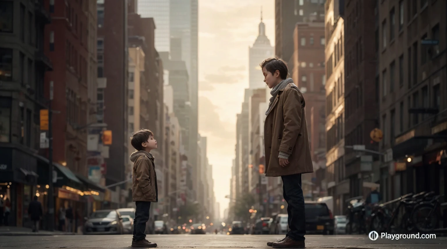 "A looks at his father in the street in the city