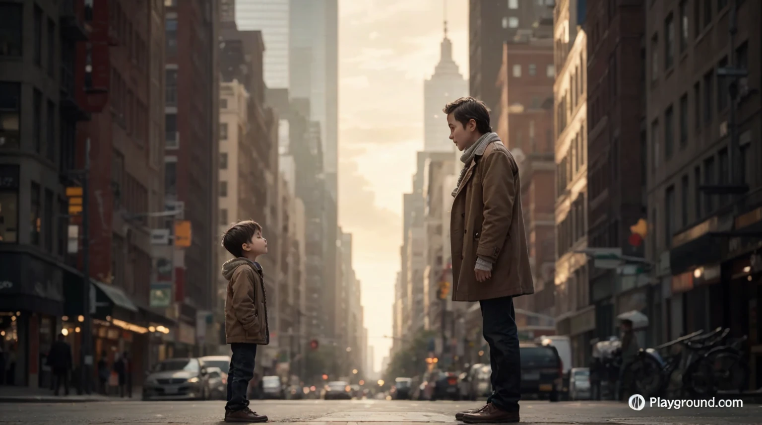"A little boy looks at his father in the street in the city