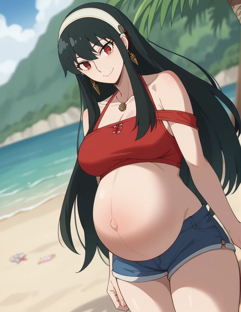 score_9, score_8_up, score_7_up, source_anime,
yorbriar, yor briar, black hair, red eyes, earrings, white hairband, hairband, long hair, sidelocks,
bare shoulders, red bikini, shorts, thighs,
Beach, smile,
looking at viewer, dutch angle, cowboy shot, pregnant, huge belly