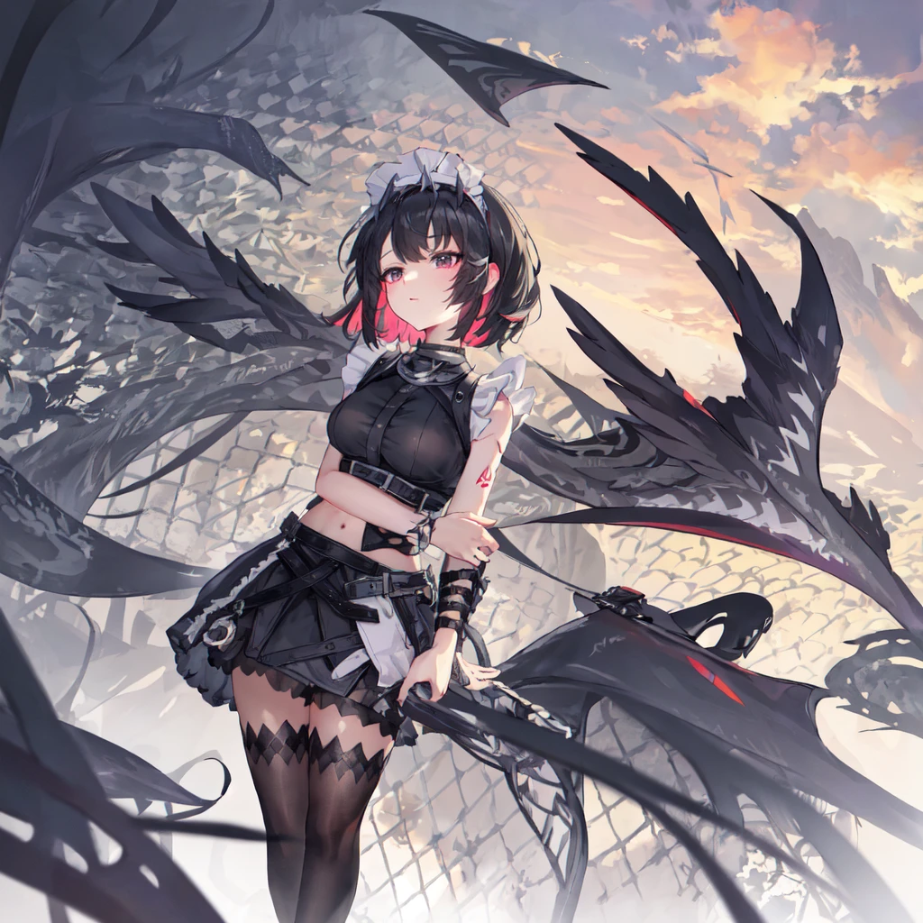 (best quality), masterpiece, Extremely detailed CG8K painting, high color, Extremely high color saturation, All colors are deepened, central composition, Extremely detailed light and shadow, The face and eyes are very detailed, medium length hair, sportswear, colorful clouds，beautiful nature，landscape，short black hair，white spaghetti strap dress，black hair，short hair，Punk style clothing，short black hair，maid outfit，Open navel，black stockings，black pantyhose，Large Breasts，hair to shoulders