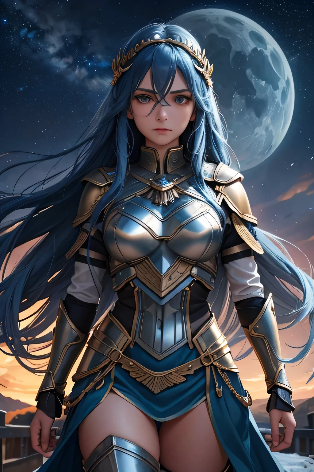 A long BLUE-haired Valkyrie stands solemnly before a celestial bridge, her gleaming armor reflecting the soft glow of the night. She watches over the souls of fallen warriors as they make their way across the bridge to the heavens. The night sky is adorned with countless stars, casting a serene and otherworldly light on the scene. The Valkyrie’s expression is one of reverence and compassion, embodying her sacred duty to guide these brave souls to their eternal,(((upper body)))