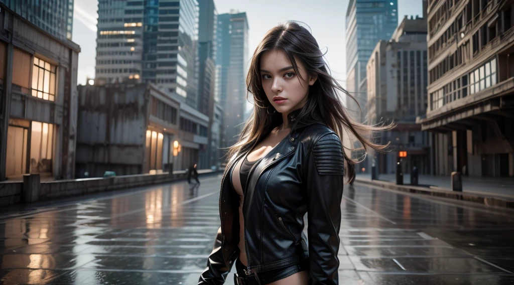 ((masterpiece, best quality, Highest image quality, high resolution, Reality, RAW photos, 8K)), Future city ruins，Girl standing on the roof，Tight leather jacket，Off-shoulder，Large Breasts，Long hair，Pretty face，Closed mouth，dramatic，Mid-range portrait，midnight