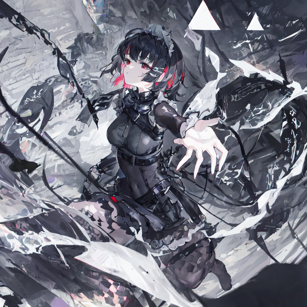 (best quality), masterpiece, Extremely detailed CG8K painting, high color, Extremely high color saturation, All colors are deepened, central composition, Extremely detailed light and shadow, The face and eyes are very detailed, medium length hair, sportswear, colorful clouds,beautiful nature,landscape,short black hair,white spaghetti strap dress,black hair,short hair,Punk style clothing,short black hair,maid outfit,Open navel,black stockings,black pantyhose,Large Breasts,hair to shoulders