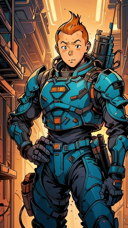 (Teens:1man: Tintin), (extremely detailed CG unit 8k wallpaper),(master part), (best quality), (ultra detali), (best illustration),(armorsuit), cowboy shot, (Sharp eyeliner, ombre, detailed eyes:1),Dark derelict spaceship interiors background, ,break , upper body, short hair, orange hair