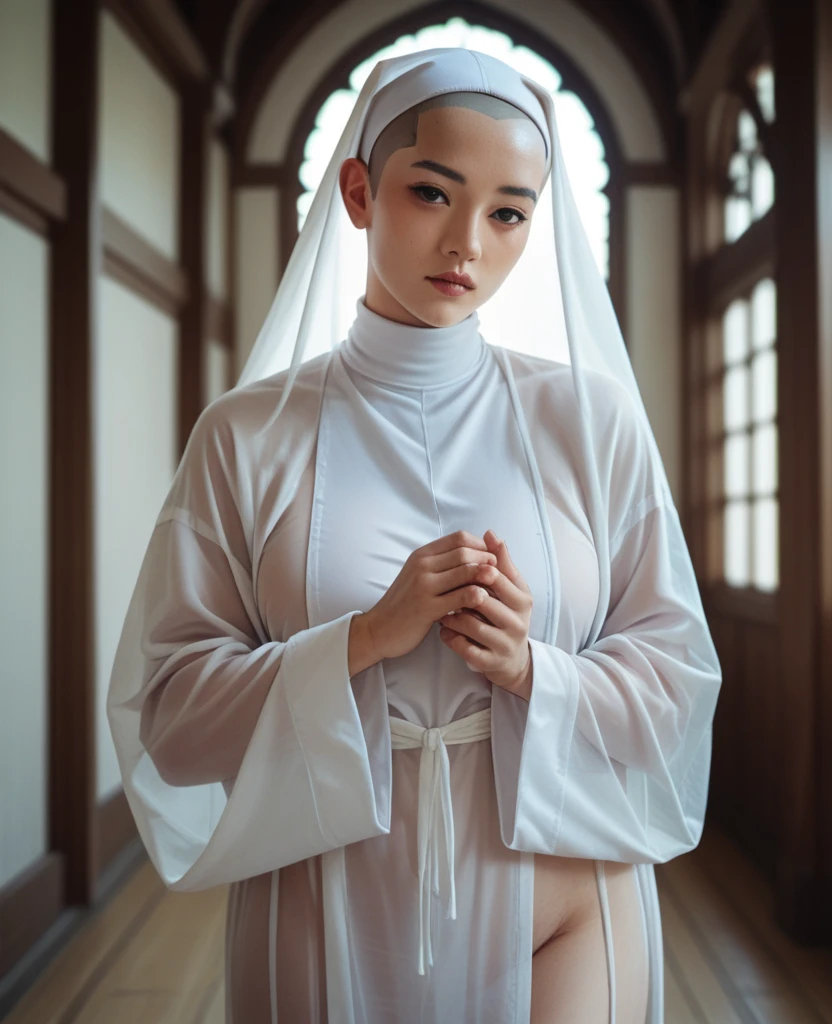 Japanese nun in a transparent robe、monastery、Shaved hair、Shaved Head