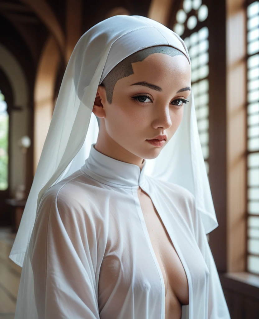Japanese nun in a transparent robe、monastery、Shaved hair、Shaved Head