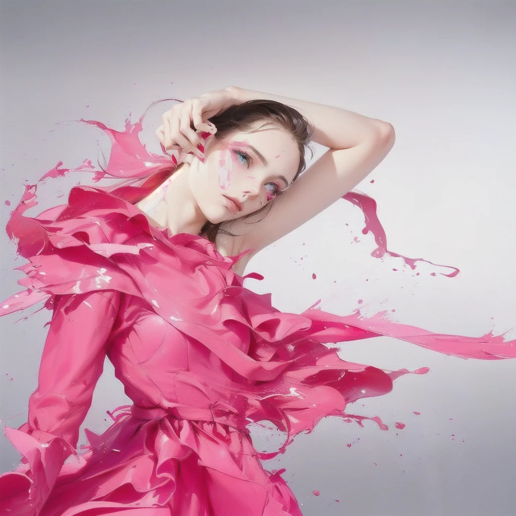 arafed woman in a pink dress with pink paint on her face, fashion photography, fashion photograhy, high fashion photography, modeling photography, fashion model photography, covered in pink flesh, photography alexey kurylev, fine art fashion photography, pink skin, photography alexey gurylev, vibrant pink, in red paint, pink girl, blue and pink colour splash