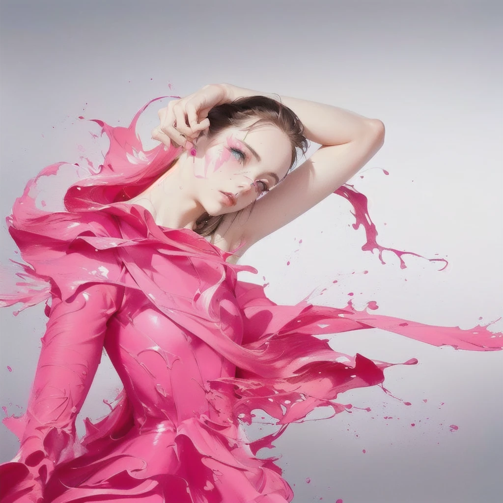 arafed woman in a pink dress with pink paint on her face, fashion photography, fashion photograhy, high fashion photography, modeling photography, fashion model photography, covered in pink flesh, photography alexey kurylev, fine art fashion photography, pink skin, photography alexey gurylev, vibrant pink, in red paint, pink girl, blue and pink colour splash
