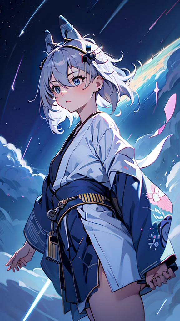 Criança;
naughty girl;
Wolf ears and tail;
Long messy hair;
gray hair;
Kimono with lightning cloud details;
Rays around the body;
It&#39;s in a black space full of clouds forming;
Sky blue eyes;



No fundo tem o espaco sideral com uma dimensão se formando 

Galaxia 
