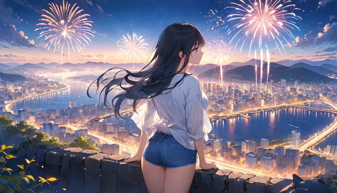 ((Highest quality))、((masterpiece))、(detailed)、(makoto shinkai)、((Anatomically correct))、(High resolution、8k)、(Beautiful Skin:1.1)、One woman、Back view、3 meters apart、whole body、(Beautiful eyes:1.2)、Overlooking the city from the top of the hill、night、Lots of fireworks、Long hair flutters in the wind、Black Hair、White shirt、Denim hot pants、sneakers、