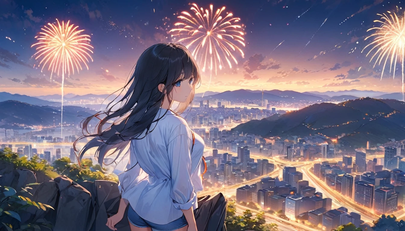 ((Highest quality))、((masterpiece))、(detailed)、(makoto shinkai)、((Anatomically correct))、(High resolution、8k)、(Beautiful Skin:1.1)、One woman、Back view、3 meters apart、whole body、(Beautiful eyes:1.2)、Overlooking the city from the top of the hill、night、Lots of fireworks、Long hair flutters in the wind、Black Hair、White shirt、Denim hot pants、sneakers、