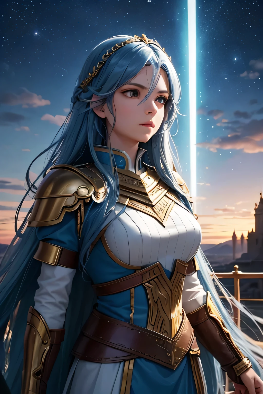 A long BLUE-haired Valkyrie stands solemnly before a celestial bridge, her gleaming armor reflecting the soft glow of the night. She watches over the souls of fallen warriors as they make their way across the bridge to the heavens. The night sky is adorned with countless stars, casting a serene and otherworldly light on the scene. The Valkyrie’s expression is one of reverence and compassion, embodying her sacred duty to guide these brave souls to their eternal,(((upper body)))