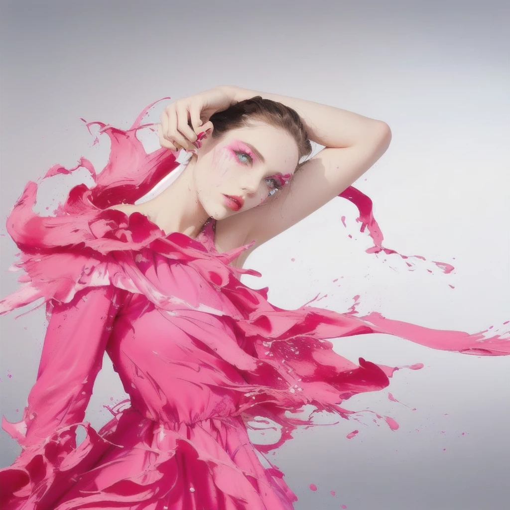 arafed woman in a pink dress with pink paint on her face, fashion photography, fashion photograhy, high fashion photography, modeling photography, fashion model photography, covered in pink flesh, photography alexey kurylev, fine art fashion photography, pink skin, photography alexey gurylev, vibrant pink, in red paint, pink girl, blue and pink colour splash