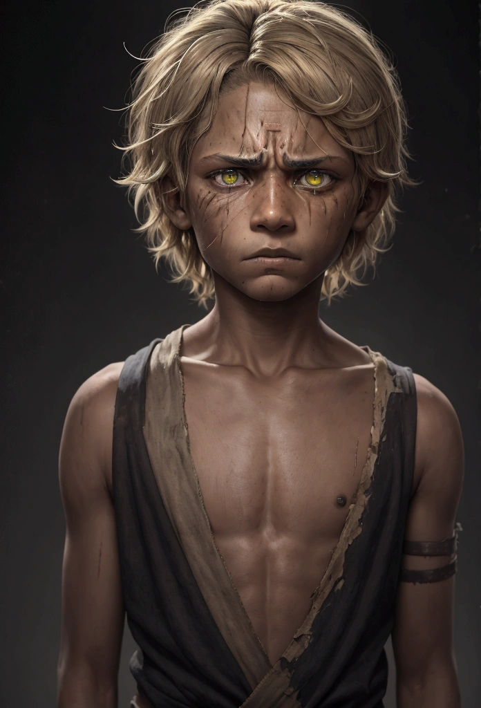 An 11 year old boy, slave, is portrayed with a look of anger and hatred towards society. He wears simple, torn clothes, highlighting the hardness of his life. Your hair is brown to blonde , wavy and reaches the shoulders, falling out of alignment. one of the eyes is green and the other is brown. Your skin is pale and marked by visible scars, including a scar from a stab wound just below his left eye. The image captures the essence of her pain and resilience
