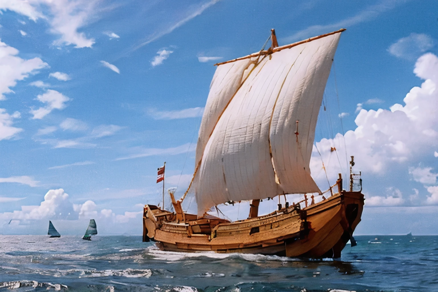 (Ocean landscape scene with ship)、(2:1.2)、(2の菱垣回船:1.2)、(Ship)、(Complete drawing from bow to stern:1.2)、 (One mast)、(sail)、膨らんだsail、Detailed Description、Blur the background、horizontal line、(masterpiece, Highest quality:1.2)、4K High Resolution、