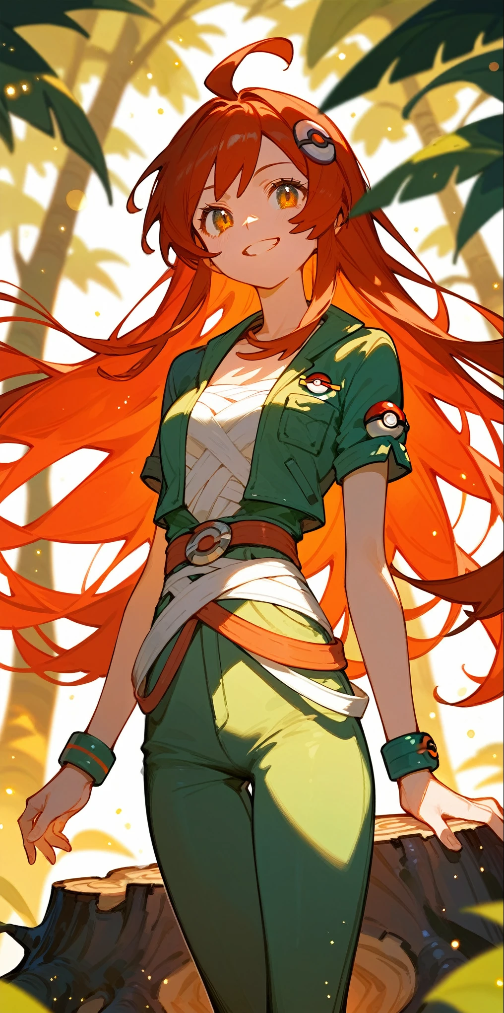 1Young girl，Beautiful light and shadow，Red extra-long hair，Short sleeve，Wide leg pants，Pokemon ball on the belt，Jacket tied at waist，bandage，cute，Pokémonon style，Wrist ornaments，tree stump，The jungle in the distance，sunrise，Bangs，Grin，Light Particles，Red Cloud