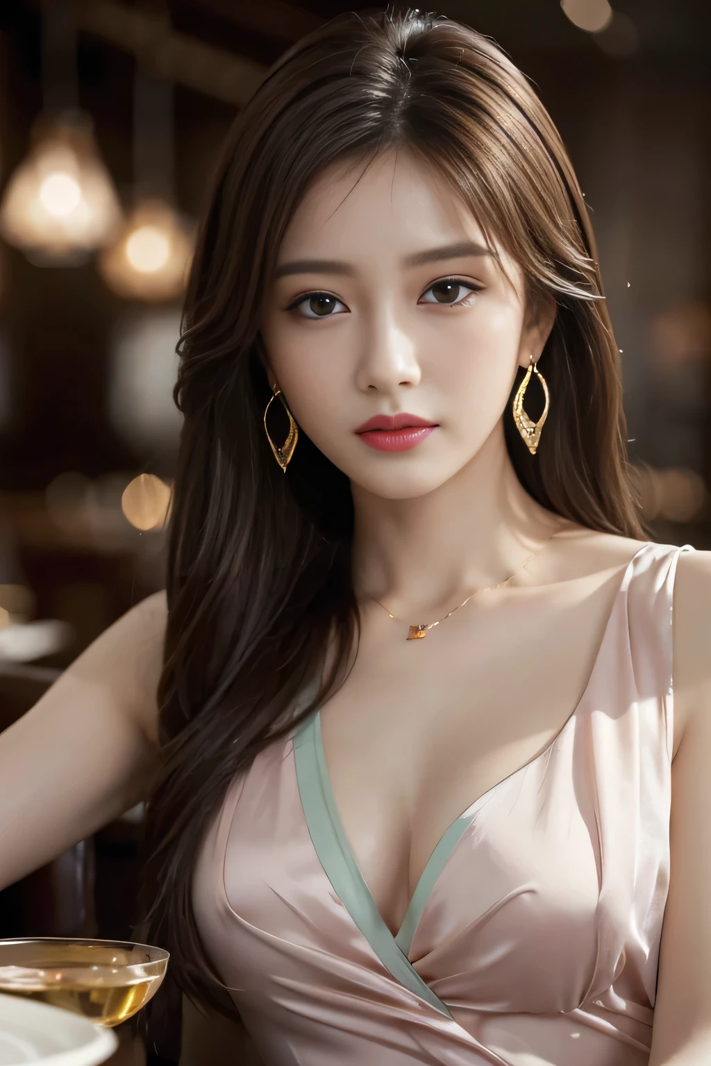 masterpiece, Highest quality, Realistic, Very detailed, Finer details, High resolution, 8k wallpaper, One beautiful woman, Wear a pretty colored silk shirt, In a great restaurant, At night, Light brown messy hair, Perfect dynamic composition, Beautiful and beautiful eyes、Big earrings、chest、Sleeveless shirt、