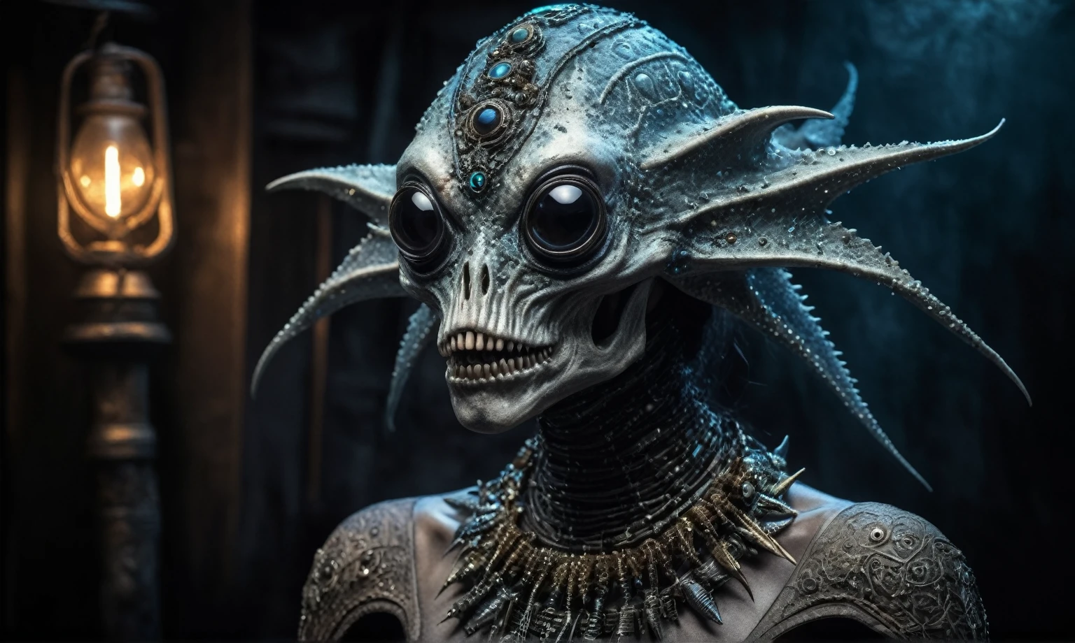 full body length,nerd graphite  Alien Entity,native africa slave ,azctec Finnish Lapland,Cinematic,soft colors, Technicolor,natural skin textures, hyper realism, hyper detailed,Extremely detailed,High contrast,Masterpiece,Realistic,Ultra Detailed, intricate details,realistic humid leather,extremely intricate details,Epic Realistic, cinematic style, irina yermolova,high contrast,hdr,extremely detailed, [deep night landscape],masterpiece, intricate details, eyes extremely detailed, high detailed eyes,8k resolution,retina, Nikon Z9,Korea,orc,Egypt, Pisces, transition between two art styles,full body length, Double contact, X-ray, Creative, vivid light, fantasy, Abstract, Surrealism, super detailed, high resolution,insanity national folk wear,skin  almost translucent, gothic elements,Mestichino,Light particles,chaos,starfish's leather,"(The best lighting, dark, dramatic),(alien animal half-skull fetus, Hellraiser, Scars, , poison brain, , a rat inside the head, terror.),(fish eyes, calaveras