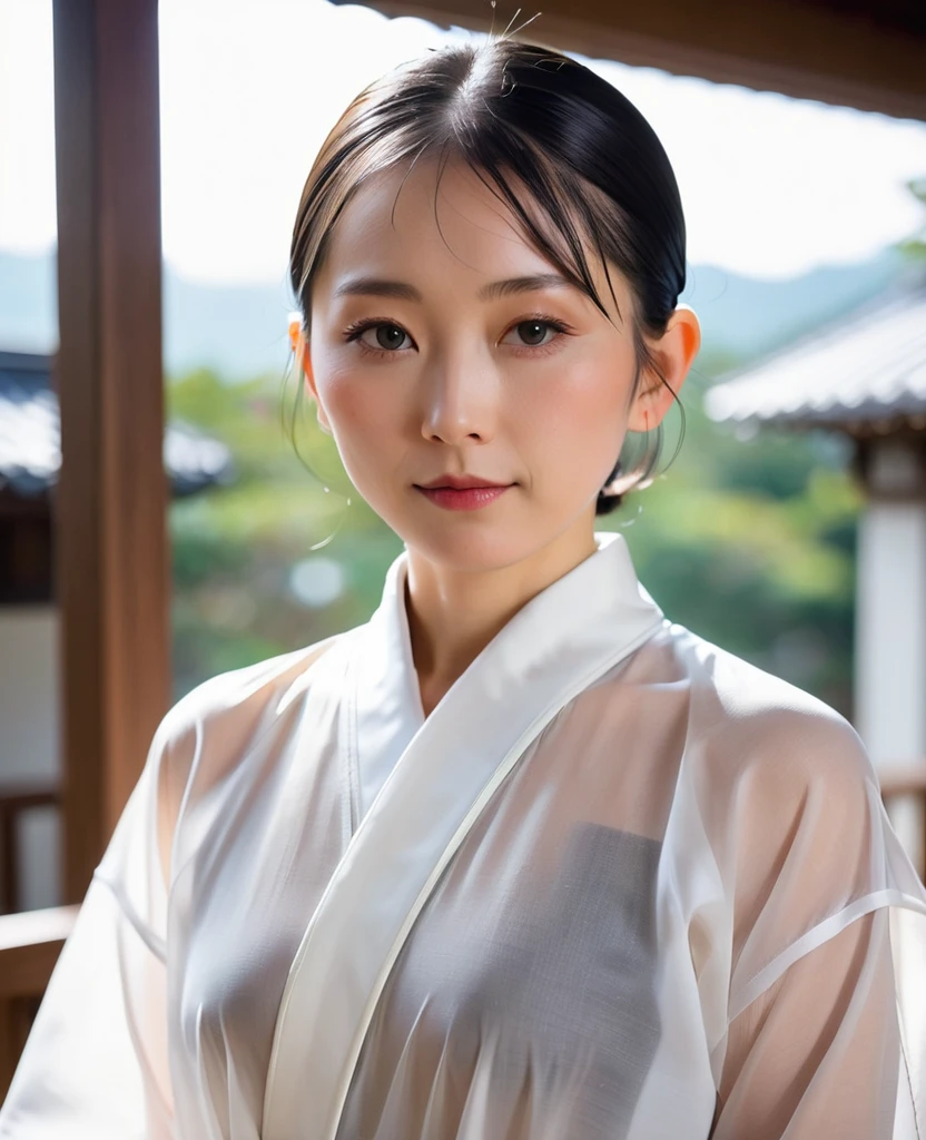 Japanese nun in a transparent robe、monastery、Shaved head