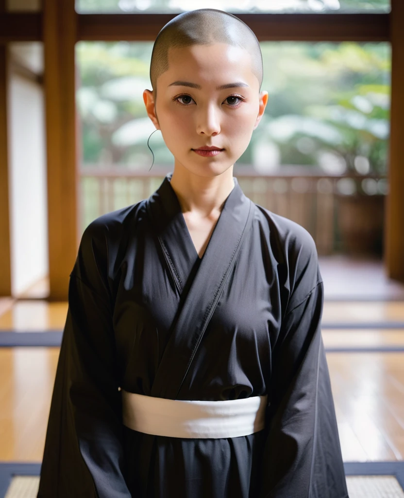 Japanese nun in a transparent robe、monastery、Shaved head