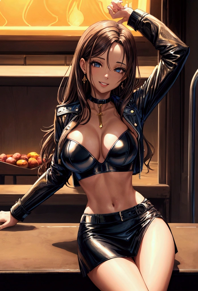 high resolution, work of art, 4K, 1 light skinned woman, fine strokes, half-open lips, legs thick, Waist slender, neck length wavy brown hair, blue colored eyes, confident look and mischievous smile, (perfekt teeth). She is dressed in a black leather jacket and a bra., with a thick golden choker with a diamond crucifix, with a short black leather skirt. She&#39;s in a bar, orange light, next to a pool table