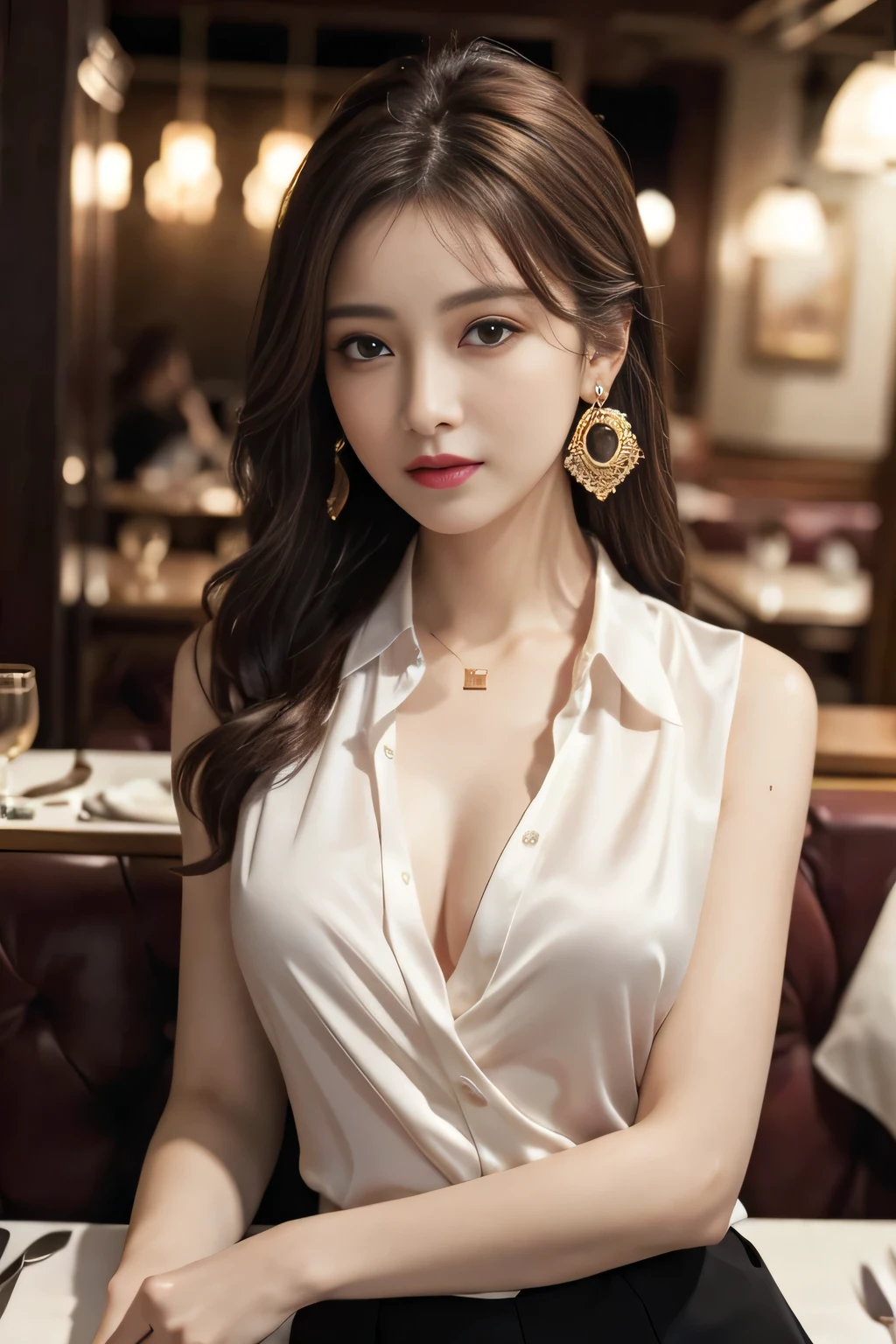masterpiece, Highest quality, Realistic, Very detailed, Finer details, High resolution, 8k wallpaper, One beautiful woman, Wear a pretty colored silk shirt, In a great restaurant, At night, Light brown messy hair, Perfect dynamic composition, Beautiful and beautiful eyes、Big earrings、chest、Sleeveless shirt、