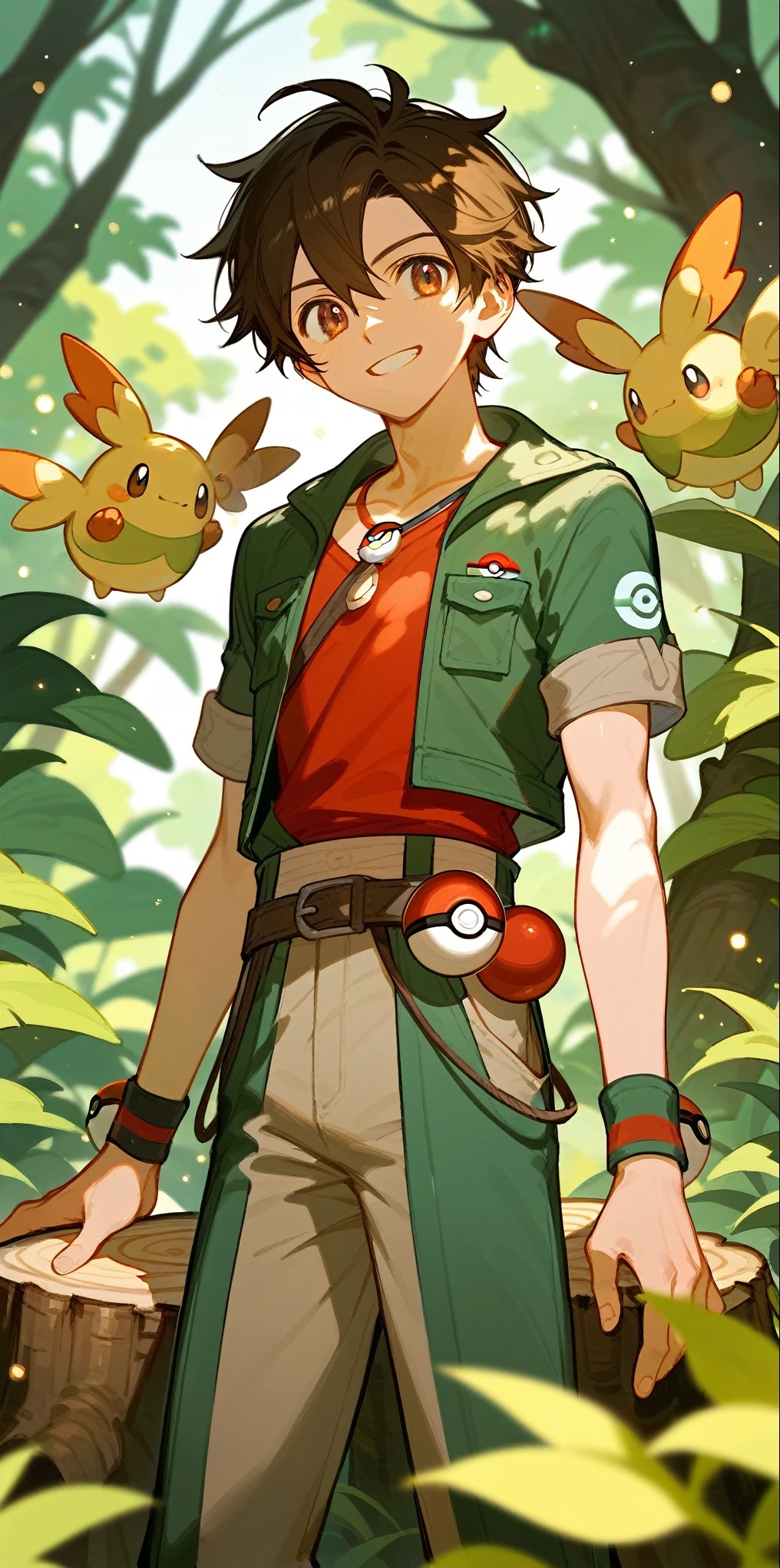 1Young boy，Beautiful light and shadow，Dark brown hair，Short sleeve，Wide leg pants，Pokemon ball on the belt，Jacket tied at waist，bandage，cute，Pokémonon style，Wrist ornaments，tree stump，The jungle in the distance，sunrise，bangs，Grin，Light Particles，Red Cloud