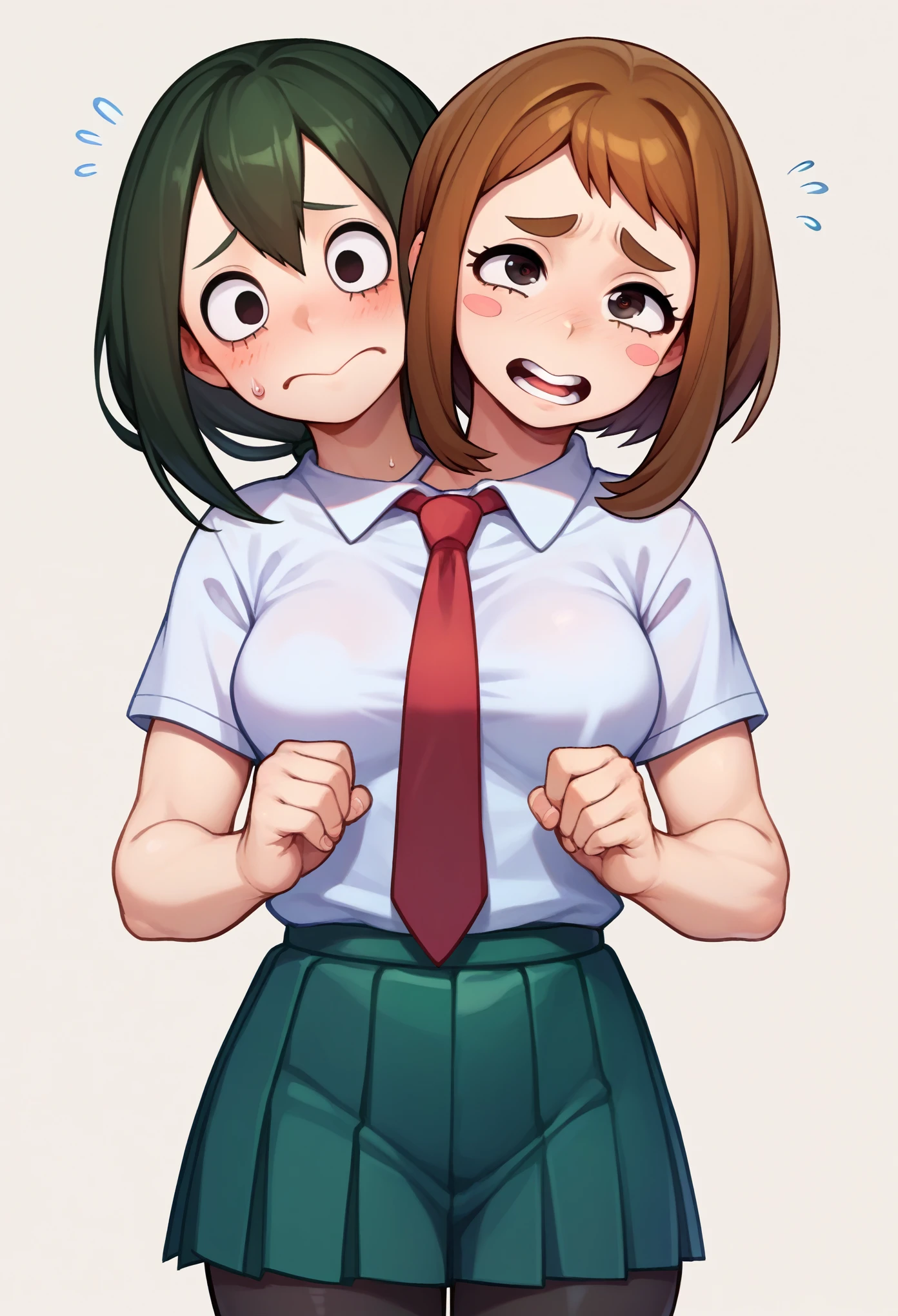 1girl, Asui Tsuyu\(boku no hero academia\), green hair, very long hair, low-tied long hair, tied hair, black eyes, wide hips, medium breasts,flustered, , source_anime, anime style