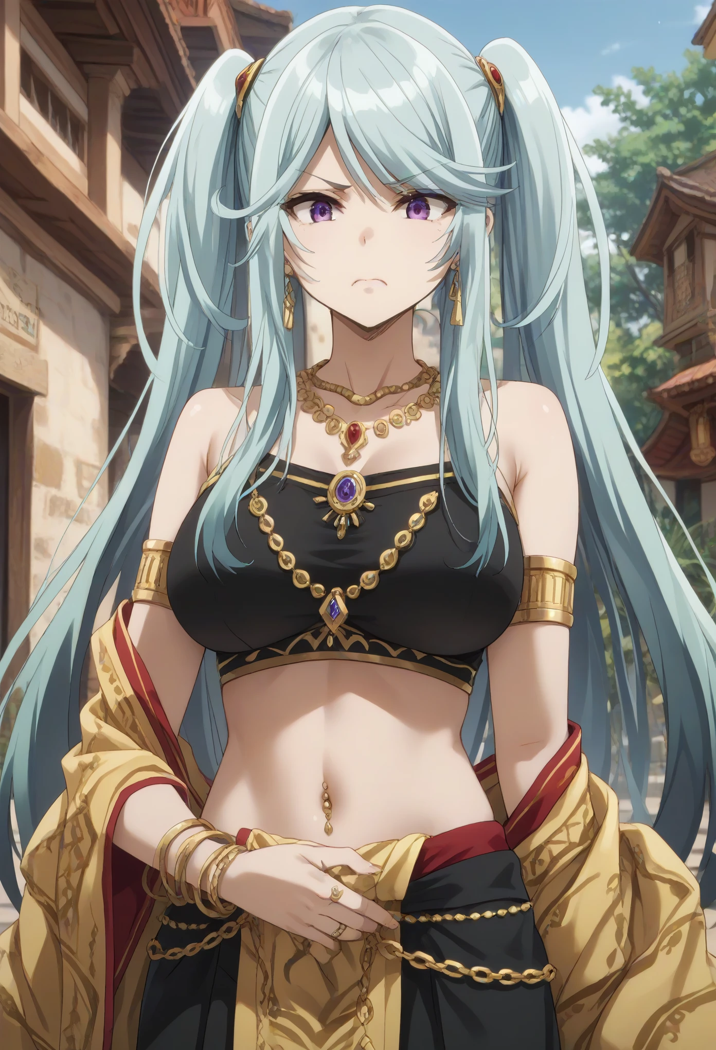 1girl,long hair,blue hair,purple eyes,twintails,,big breast,tall woman,full display of temple jewelry, a pair of earrings, necklace, bangles, navel piercing, ring, maang tikka highly detailed vray render, flash, high quality, 18k,, long hair, multicolored dress, hair ornament, golden embroidery, ancient indian, midriff peek, waist jewelry, armlet with golden chains, (close-up), golden shawl with intricate leaf embroidery, embroidered dress, (kamarband:1.1),best quality,disgusted,
